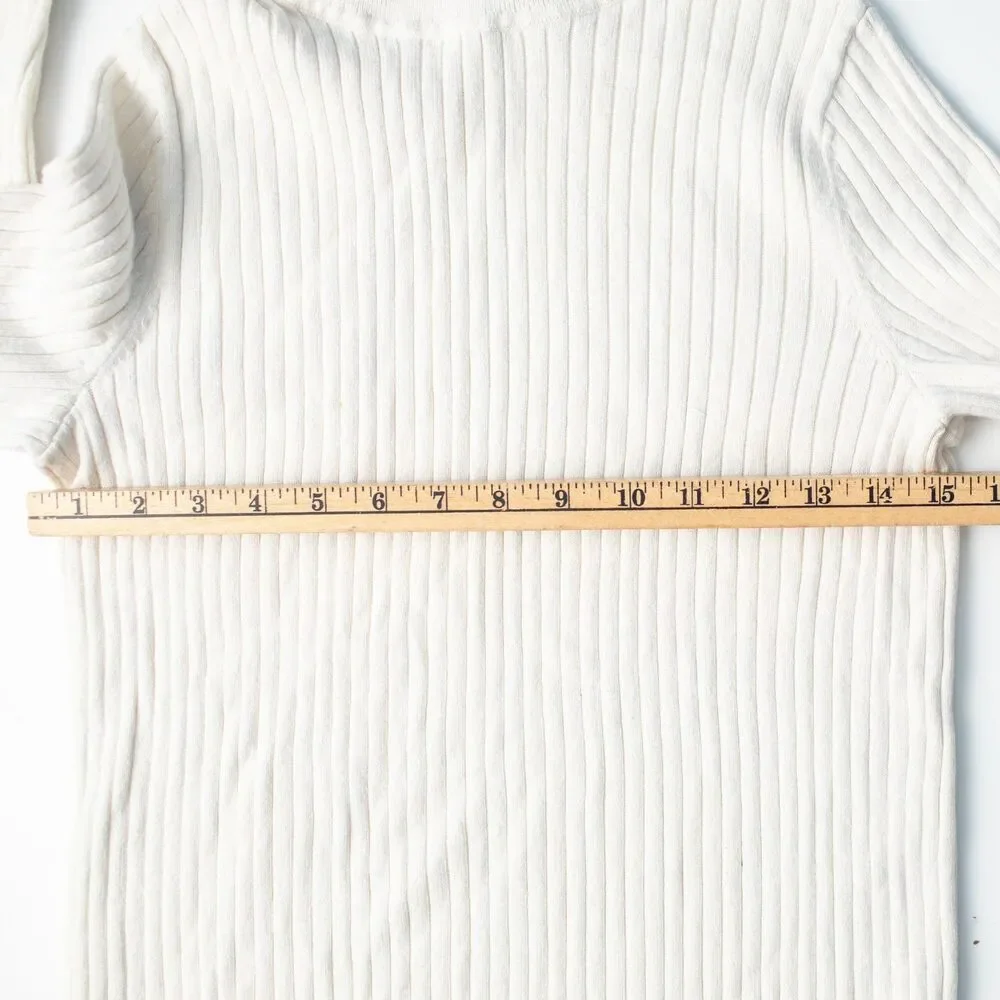 Talbots Petites Medium Women's Ivory Ribbed Turtleneck Sweater Gold Button Cuffs